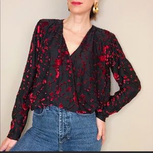 ZARA red velvet cherry blossom floral black top | Sz L